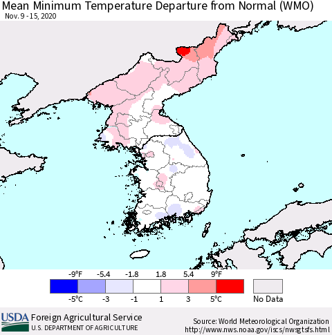 Korea Mean Minimum Temperature Departure from Normal (WMO) Thematic Map For 11/9/2020 - 11/15/2020