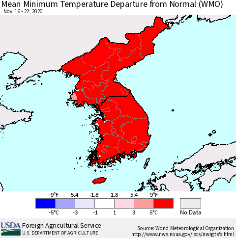Korea Mean Minimum Temperature Departure from Normal (WMO) Thematic Map For 11/16/2020 - 11/22/2020