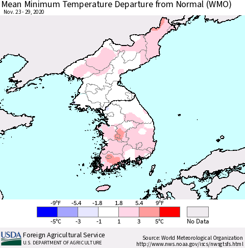 Korea Mean Minimum Temperature Departure from Normal (WMO) Thematic Map For 11/23/2020 - 11/29/2020