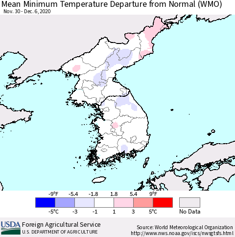 Korea Mean Minimum Temperature Departure from Normal (WMO) Thematic Map For 11/30/2020 - 12/6/2020