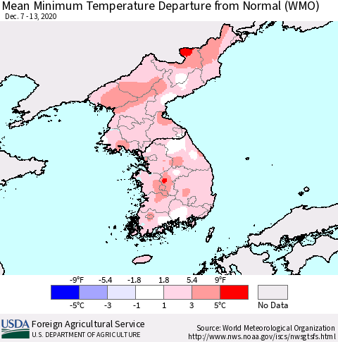 Korea Mean Minimum Temperature Departure from Normal (WMO) Thematic Map For 12/7/2020 - 12/13/2020