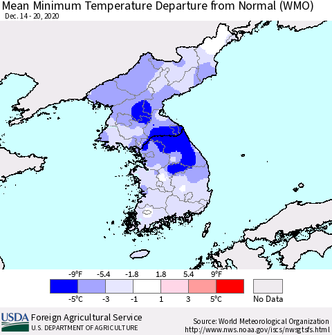Korea Mean Minimum Temperature Departure from Normal (WMO) Thematic Map For 12/14/2020 - 12/20/2020
