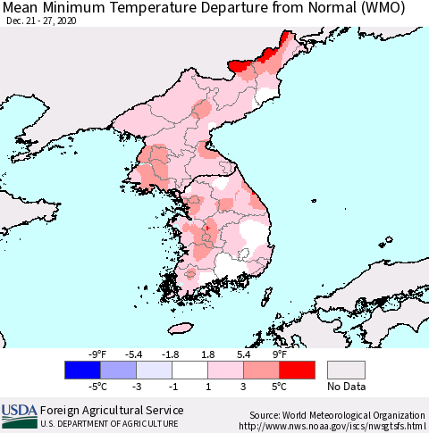 Korea Mean Minimum Temperature Departure from Normal (WMO) Thematic Map For 12/21/2020 - 12/27/2020