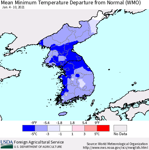 Korea Mean Minimum Temperature Departure from Normal (WMO) Thematic Map For 1/4/2021 - 1/10/2021