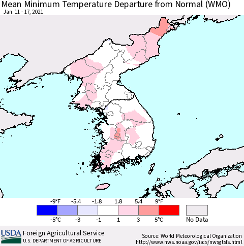Korea Mean Minimum Temperature Departure from Normal (WMO) Thematic Map For 1/11/2021 - 1/17/2021