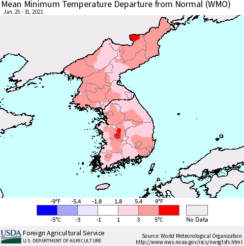 Korea Mean Minimum Temperature Departure from Normal (WMO) Thematic Map For 1/25/2021 - 1/31/2021