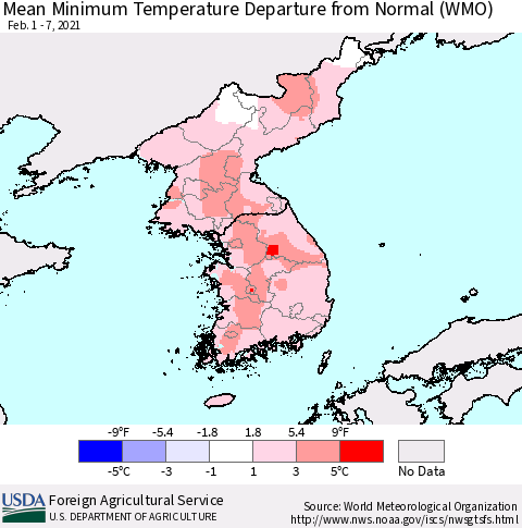 Korea Mean Minimum Temperature Departure from Normal (WMO) Thematic Map For 2/1/2021 - 2/7/2021