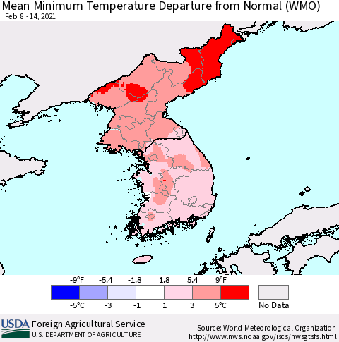Korea Mean Minimum Temperature Departure from Normal (WMO) Thematic Map For 2/8/2021 - 2/14/2021