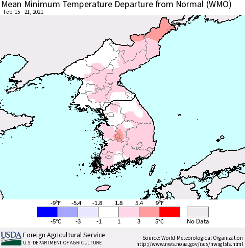 Korea Mean Minimum Temperature Departure from Normal (WMO) Thematic Map For 2/15/2021 - 2/21/2021