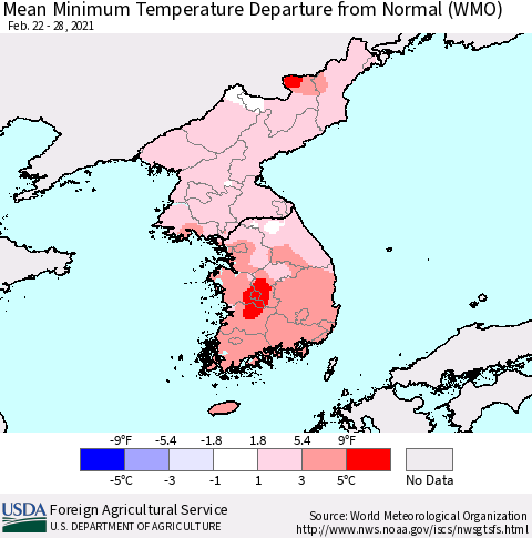 Korea Mean Minimum Temperature Departure from Normal (WMO) Thematic Map For 2/22/2021 - 2/28/2021