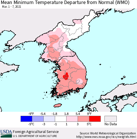Korea Mean Minimum Temperature Departure from Normal (WMO) Thematic Map For 3/1/2021 - 3/7/2021