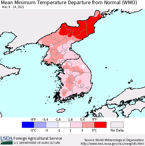 Korea Mean Minimum Temperature Departure from Normal (WMO) Thematic Map For 3/8/2021 - 3/14/2021