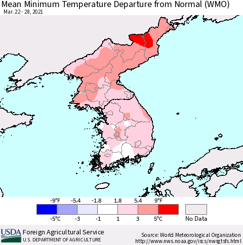 Korea Mean Minimum Temperature Departure from Normal (WMO) Thematic Map For 3/22/2021 - 3/28/2021