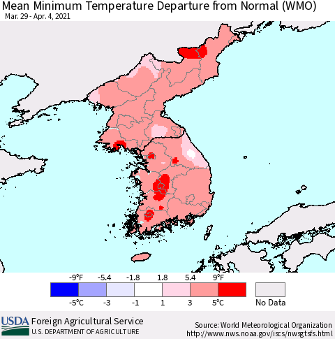 Korea Mean Minimum Temperature Departure from Normal (WMO) Thematic Map For 3/29/2021 - 4/4/2021