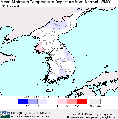 Korea Mean Minimum Temperature Departure from Normal (WMO) Thematic Map For 4/5/2021 - 4/11/2021