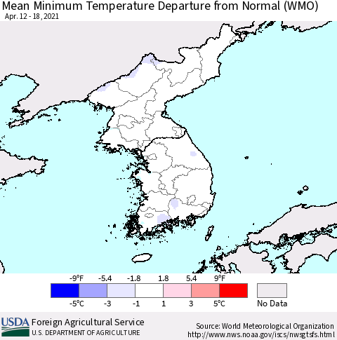 Korea Mean Minimum Temperature Departure from Normal (WMO) Thematic Map For 4/12/2021 - 4/18/2021