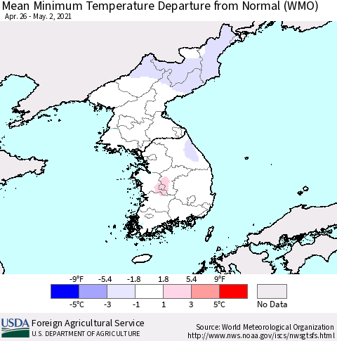 Korea Mean Minimum Temperature Departure from Normal (WMO) Thematic Map For 4/26/2021 - 5/2/2021
