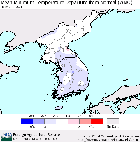 Korea Mean Minimum Temperature Departure from Normal (WMO) Thematic Map For 5/3/2021 - 5/9/2021