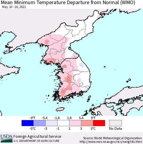 Korea Mean Minimum Temperature Departure from Normal (WMO) Thematic Map For 5/10/2021 - 5/16/2021
