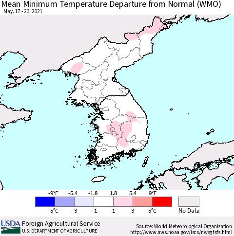 Korea Mean Minimum Temperature Departure from Normal (WMO) Thematic Map For 5/17/2021 - 5/23/2021