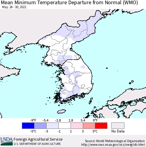 Korea Mean Minimum Temperature Departure from Normal (WMO) Thematic Map For 5/24/2021 - 5/30/2021