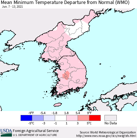 Korea Mean Minimum Temperature Departure from Normal (WMO) Thematic Map For 6/7/2021 - 6/13/2021