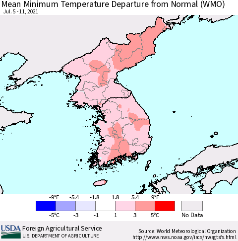 Korea Mean Minimum Temperature Departure from Normal (WMO) Thematic Map For 7/5/2021 - 7/11/2021