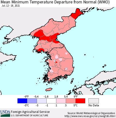 Korea Mean Minimum Temperature Departure from Normal (WMO) Thematic Map For 7/12/2021 - 7/18/2021