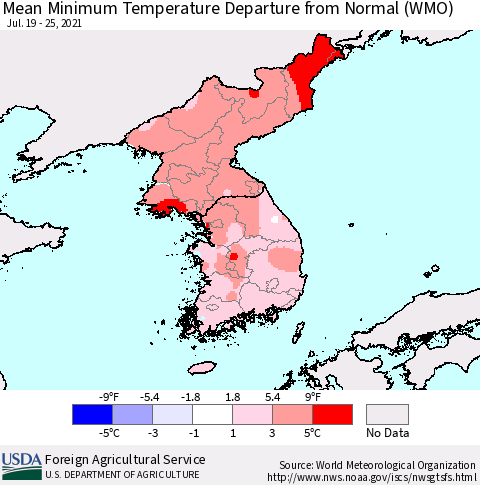 Korea Mean Minimum Temperature Departure from Normal (WMO) Thematic Map For 7/19/2021 - 7/25/2021