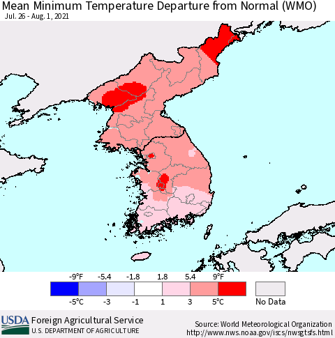 Korea Mean Minimum Temperature Departure from Normal (WMO) Thematic Map For 7/26/2021 - 8/1/2021