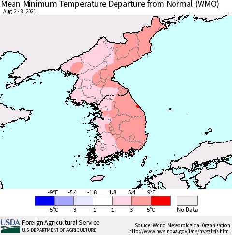 Korea Mean Minimum Temperature Departure from Normal (WMO) Thematic Map For 8/2/2021 - 8/8/2021