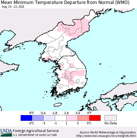 Korea Mean Minimum Temperature Departure from Normal (WMO) Thematic Map For 8/16/2021 - 8/22/2021