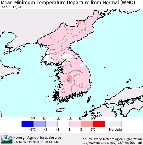 Korea Mean Minimum Temperature Departure from Normal (WMO) Thematic Map For 9/6/2021 - 9/12/2021