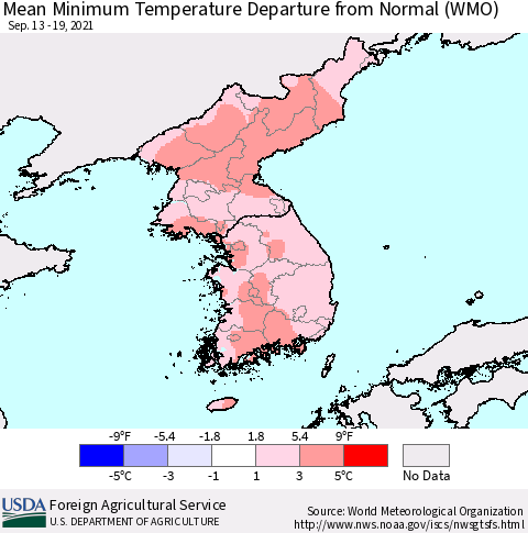 Korea Mean Minimum Temperature Departure from Normal (WMO) Thematic Map For 9/13/2021 - 9/19/2021