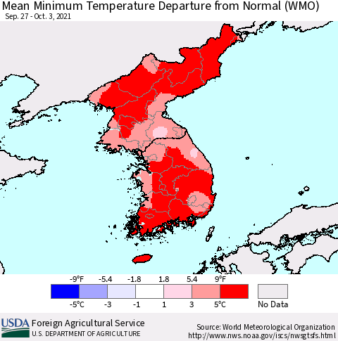 Korea Mean Minimum Temperature Departure from Normal (WMO) Thematic Map For 9/27/2021 - 10/3/2021
