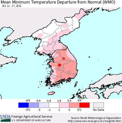 Korea Mean Minimum Temperature Departure from Normal (WMO) Thematic Map For 10/11/2021 - 10/17/2021