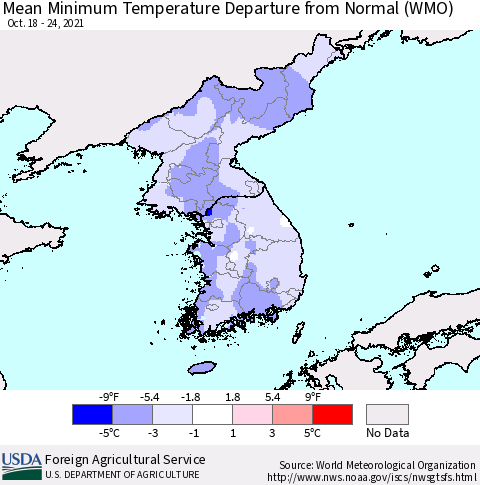Korea Mean Minimum Temperature Departure from Normal (WMO) Thematic Map For 10/18/2021 - 10/24/2021