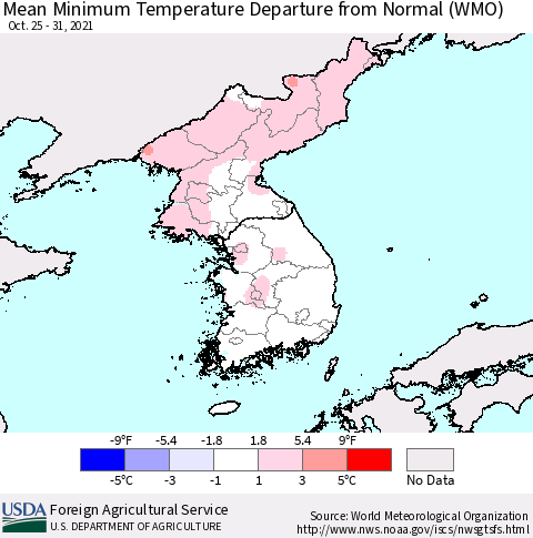 Korea Mean Minimum Temperature Departure from Normal (WMO) Thematic Map For 10/25/2021 - 10/31/2021