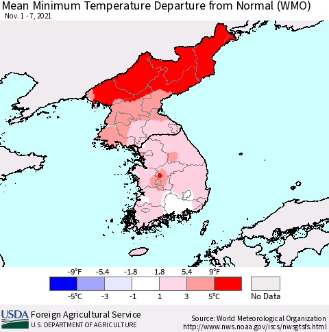 Korea Mean Minimum Temperature Departure from Normal (WMO) Thematic Map For 11/1/2021 - 11/7/2021