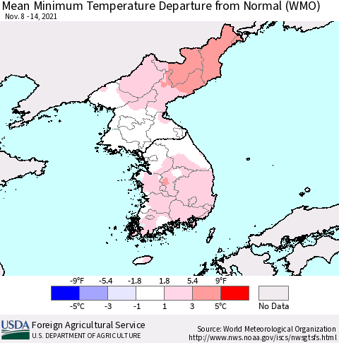 Korea Mean Minimum Temperature Departure from Normal (WMO) Thematic Map For 11/8/2021 - 11/14/2021