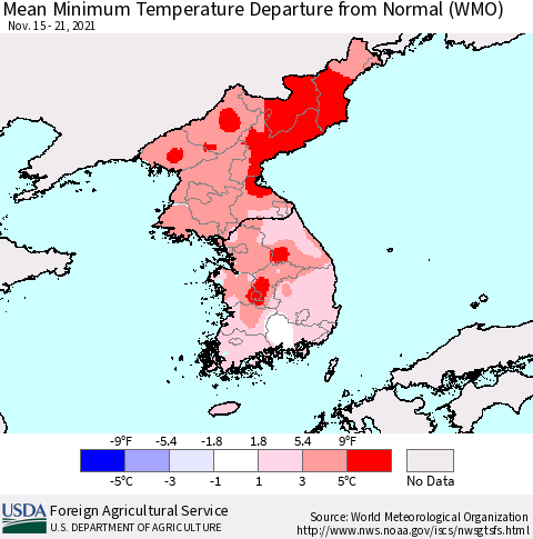 Korea Mean Minimum Temperature Departure from Normal (WMO) Thematic Map For 11/15/2021 - 11/21/2021