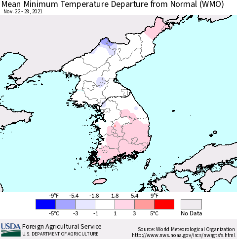 Korea Mean Minimum Temperature Departure from Normal (WMO) Thematic Map For 11/22/2021 - 11/28/2021