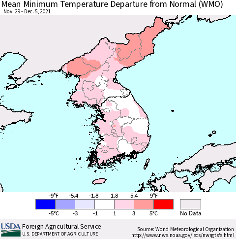 Korea Mean Minimum Temperature Departure from Normal (WMO) Thematic Map For 11/29/2021 - 12/5/2021