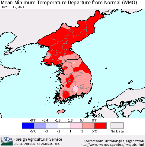 Korea Mean Minimum Temperature Departure from Normal (WMO) Thematic Map For 12/6/2021 - 12/12/2021