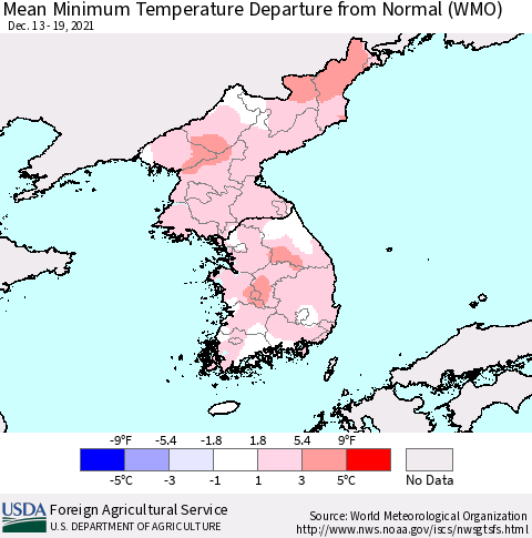 Korea Mean Minimum Temperature Departure from Normal (WMO) Thematic Map For 12/13/2021 - 12/19/2021