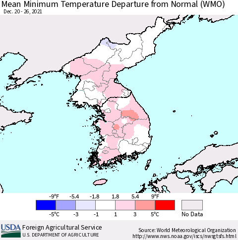 Korea Mean Minimum Temperature Departure from Normal (WMO) Thematic Map For 12/20/2021 - 12/26/2021