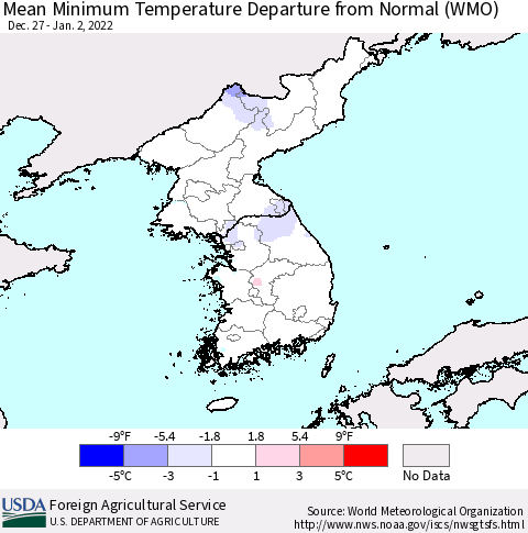 Korea Mean Minimum Temperature Departure from Normal (WMO) Thematic Map For 12/27/2021 - 1/2/2022