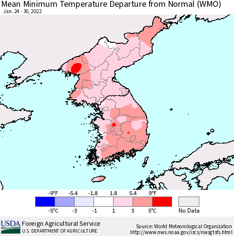 Korea Mean Minimum Temperature Departure from Normal (WMO) Thematic Map For 1/24/2022 - 1/30/2022