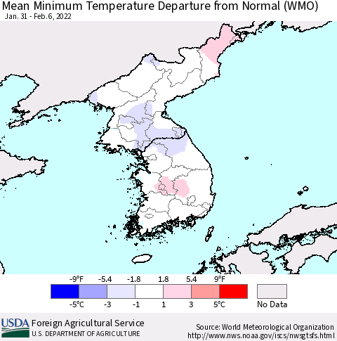 Korea Mean Minimum Temperature Departure from Normal (WMO) Thematic Map For 1/31/2022 - 2/6/2022