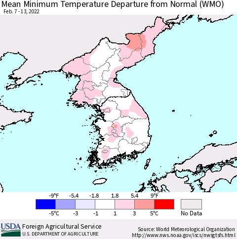 Korea Mean Minimum Temperature Departure from Normal (WMO) Thematic Map For 2/7/2022 - 2/13/2022
